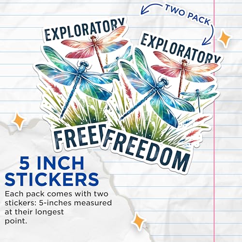 (2 Pack) Exploratory Freedom Stickers - Dragonfly Nature Stickers - Inspirational Outdoor Stickers - 5" On Longest Side - Sticks to Any Smooth Flat Surface - Made in USA - BMCS2686
