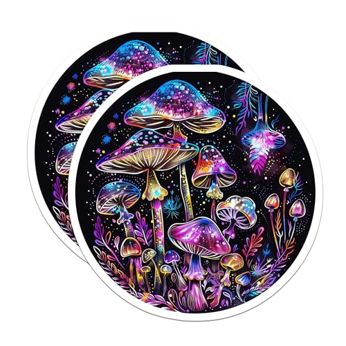 (2 Pack) Vibrant Mushroom Stickers - Psychedelic Art - Glow in The Dark Forest - 5" On Longest Side - Sticks to Smooth Flat Surfaces - Made in USA - BMCS6473