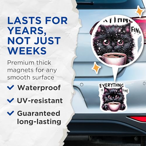 (2 Pack) Everything is Fine Cat Magnets - Cute Cat Art - Motivational Magnets for Fridge - Cute Cat with Coffee Cup - 5" On Longest Side - for Cars, Fridges, Toolboxes - Made in USA - MAG4597