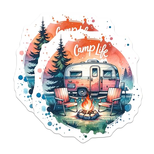 (2 Pack) Camp Life Stickers - Camper Van Stickers - Campfire Stickers - Outdoor Adventure Stickers - 5" On Longest Side - Sticks to Smooth Flat Surfaces - Made in USA - BMCS7287