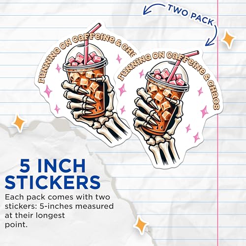 (2 Pack) Caffeine and Chaos Stickers - Skeleton Hand - Funny Coffee - 5" On Longest Side - Sticks to Smooth Flat Surfaces - Made in USA - BMCS7522