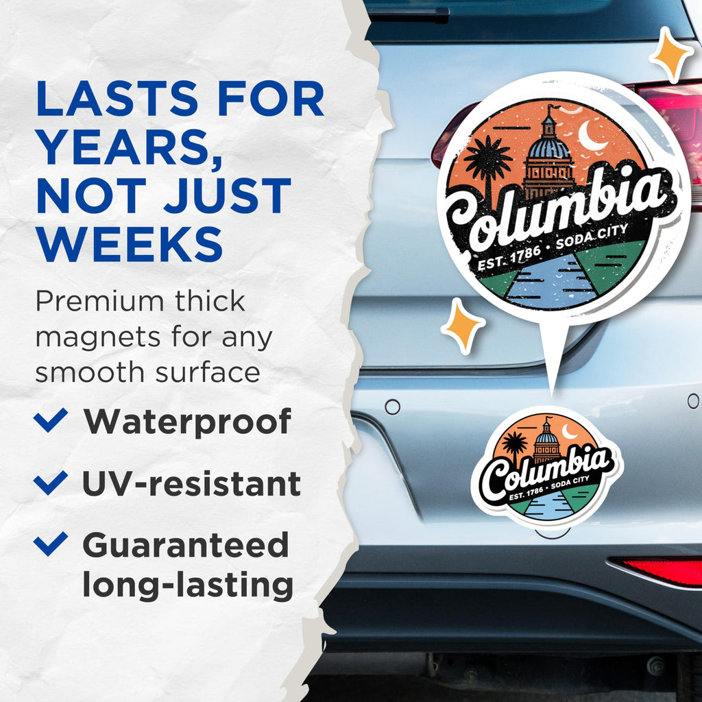 (2 Pack) Columbia SC Magnets - Soda City Souvenir - South Carolina Travel Decor - 5" On Longest Side - Premium Magnet - for Cars, Refrigerators, Toolboxes, Lockers - Made in USA - MAG17239