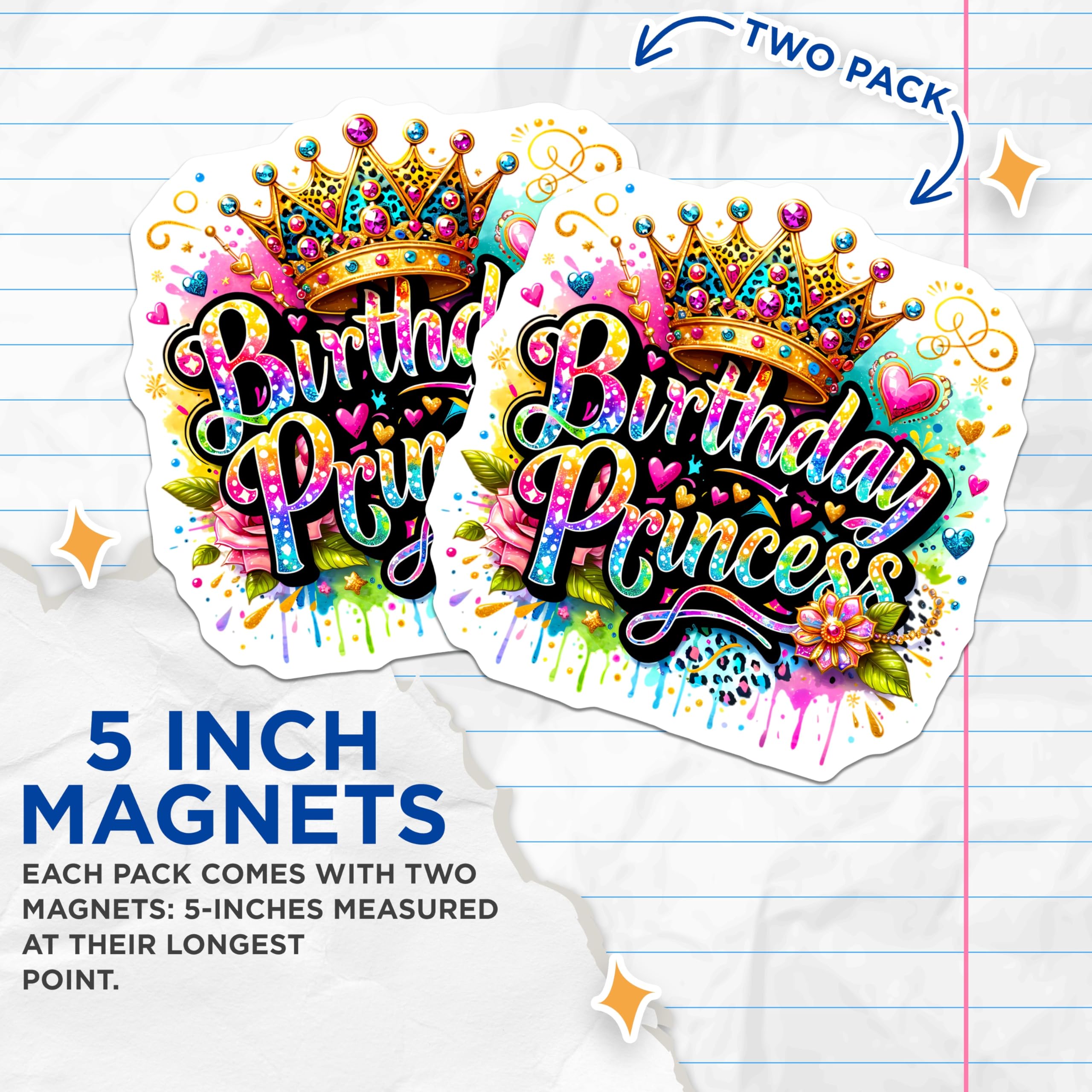 (2 Pack) Birthday Princess Magnets - Girl Birthday - Crown Party Favors - 5" On Longest Side - Premium Magnet - for Cars, Refrigerators, Toolboxes, Lockers - Made in USA - MAG15769