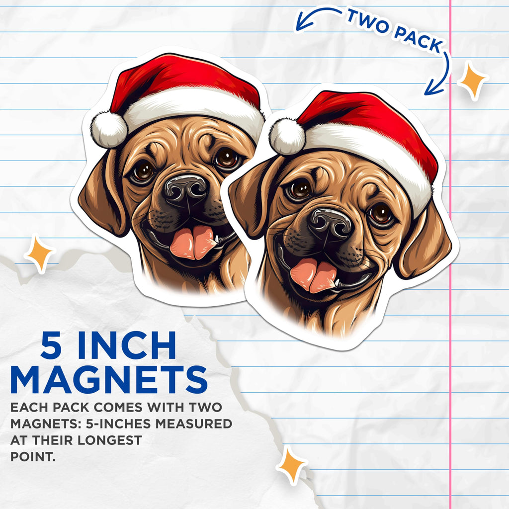 (2 Pack) Christmas Pug Dog Magnets - Festive Holiday Puppy Decor - Happy Canine Refrigerator Locker Decal Accessory - 5 Inches On Longest Side - Thick Durable Magnet - Made in USA - MAG24265