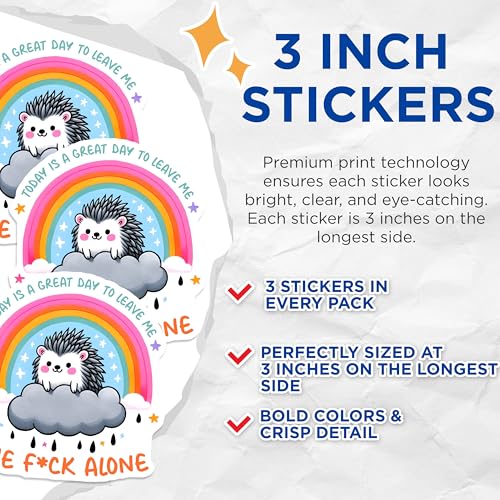 (3 Pack) Hedgehog Decals - Leave Me Alone Sticker - Rainbow Stars Laptop Decal - 3 Inches On Longest Side - Easy Peel & Apply - Made in USA - 3MCS6271