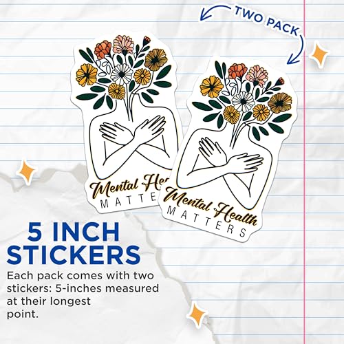 (2 Pack) Mental Health Matters Stickers - Inspirational Self Care - Motivational Mindfulness Decal - 5" On Longest Side - Sticks to Smooth Flat Surfaces - Made in USA - BMCS8243