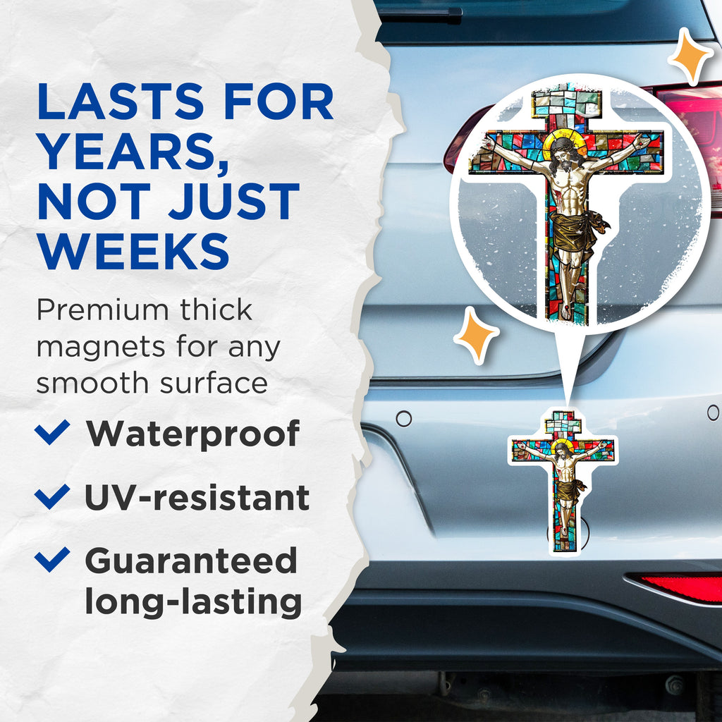 (2 Pack) Stained Glass Cross Magnets - Jesus Christ Refrigerator Magnets - Christian Home Decor - 5 Inches On Longest Side - Thick Durable Magnet - Made in USA - MAG37237