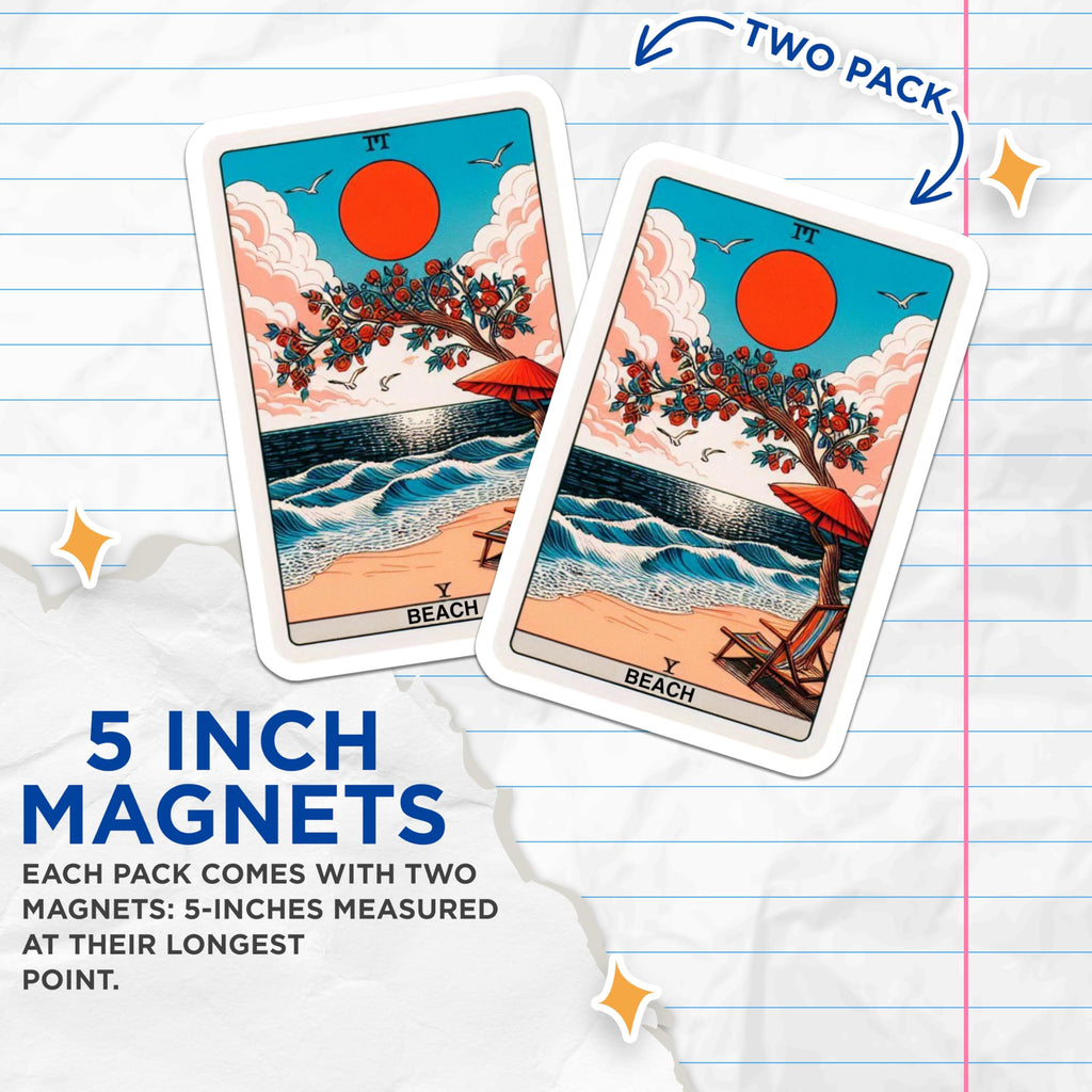 (2 Pack) Beach Tarot Card Magnets - Retro Beach Art - Summer Vibes Decoration - 5" On Longest Side - Premium Magnet - for Cars, Refrigerators, Toolboxes, Lockers - Made in USA - MAG16071