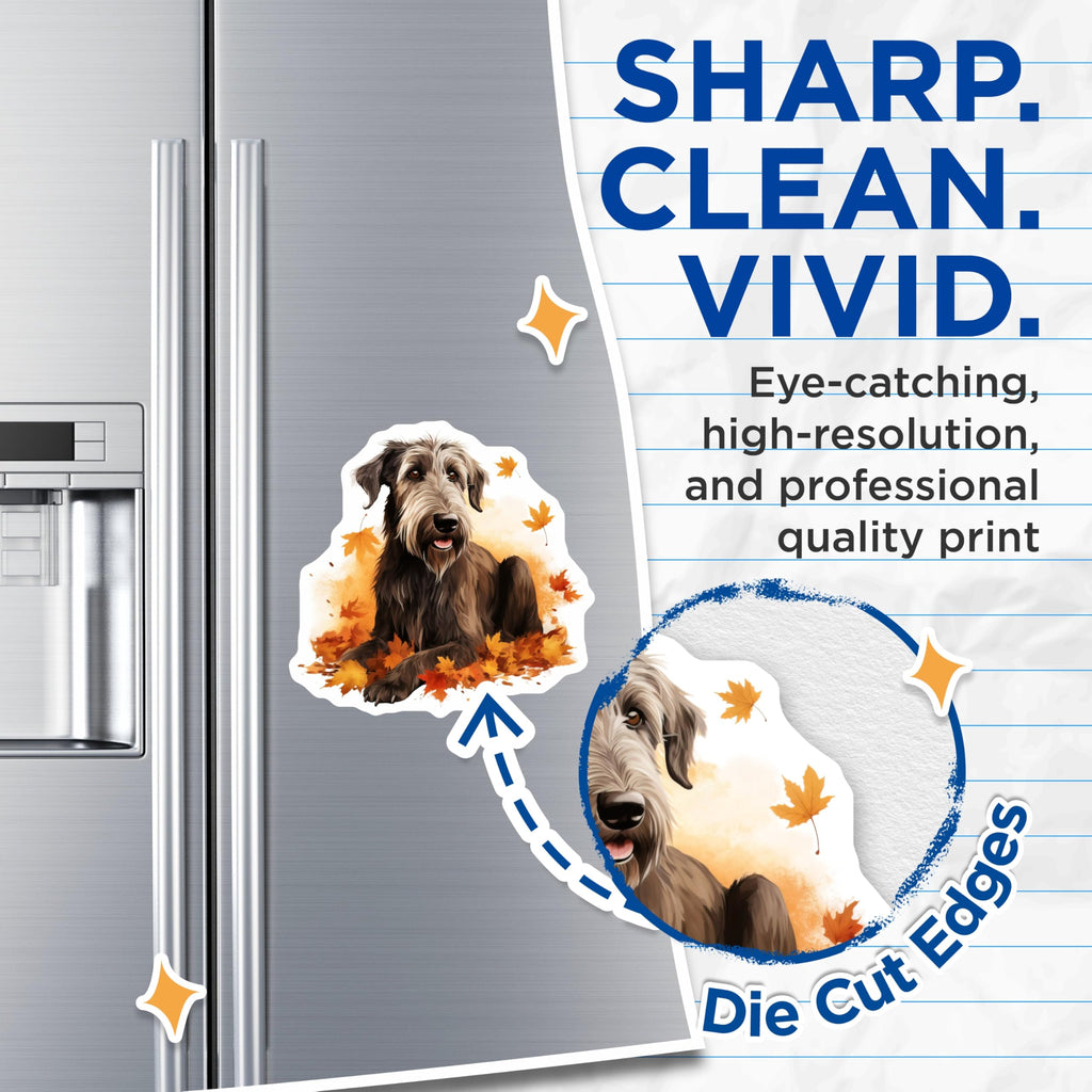 (2 Pack) Irish Wolfhound Magnets - Cozy Autumn Dog - Fall Season Pet Artwork - Animal Enthusiast Refrigerator Decor - 5 Inches On Longest Side - Thick Durable Magnet - Made in USA - MAG23797