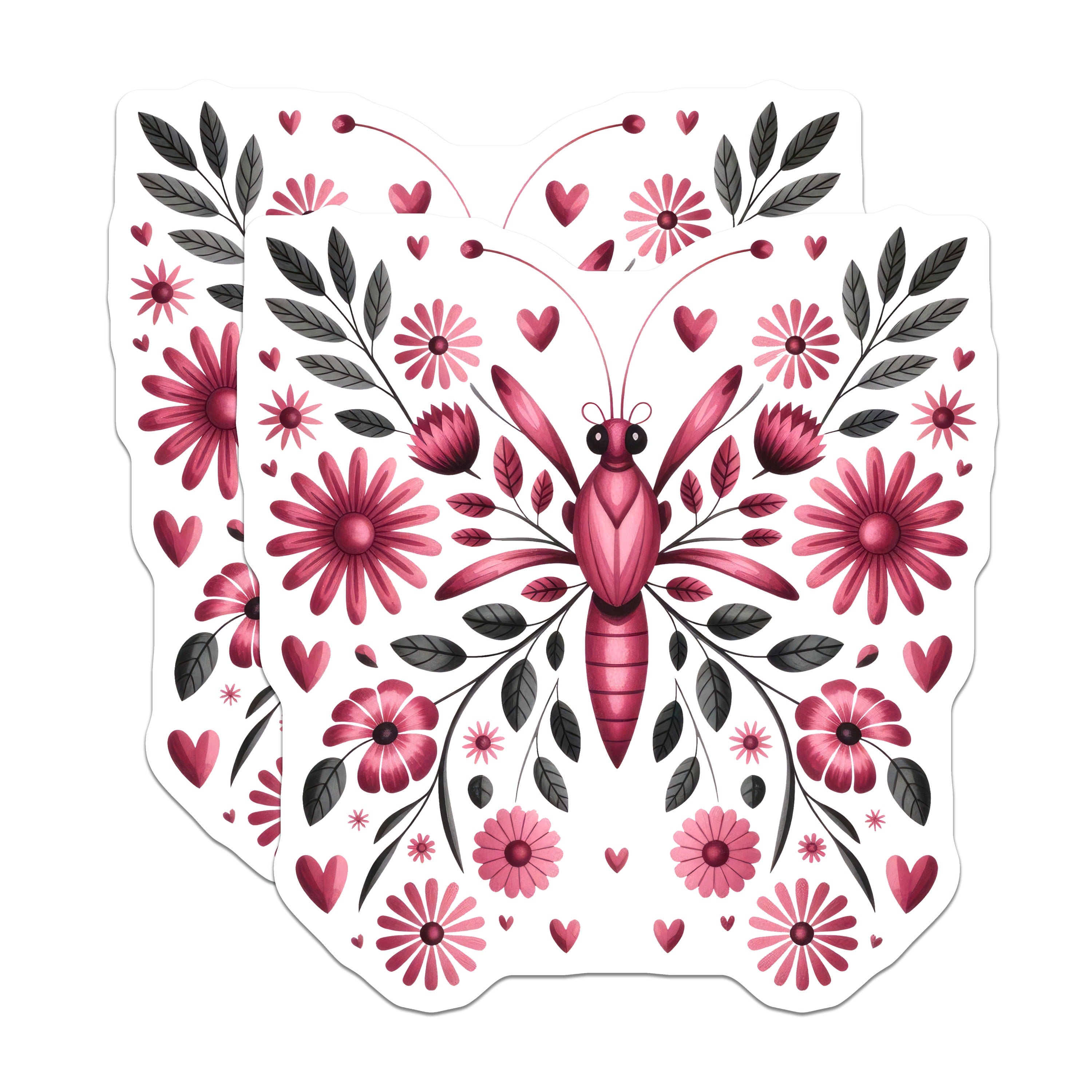 (2 Pack) Folk Art Butterfly Magnets - Pink Flower Decor - Nature Inspired Art - 5 Inches On Longest Side - Thick Durable Magnet - Made in USA - MAG39388