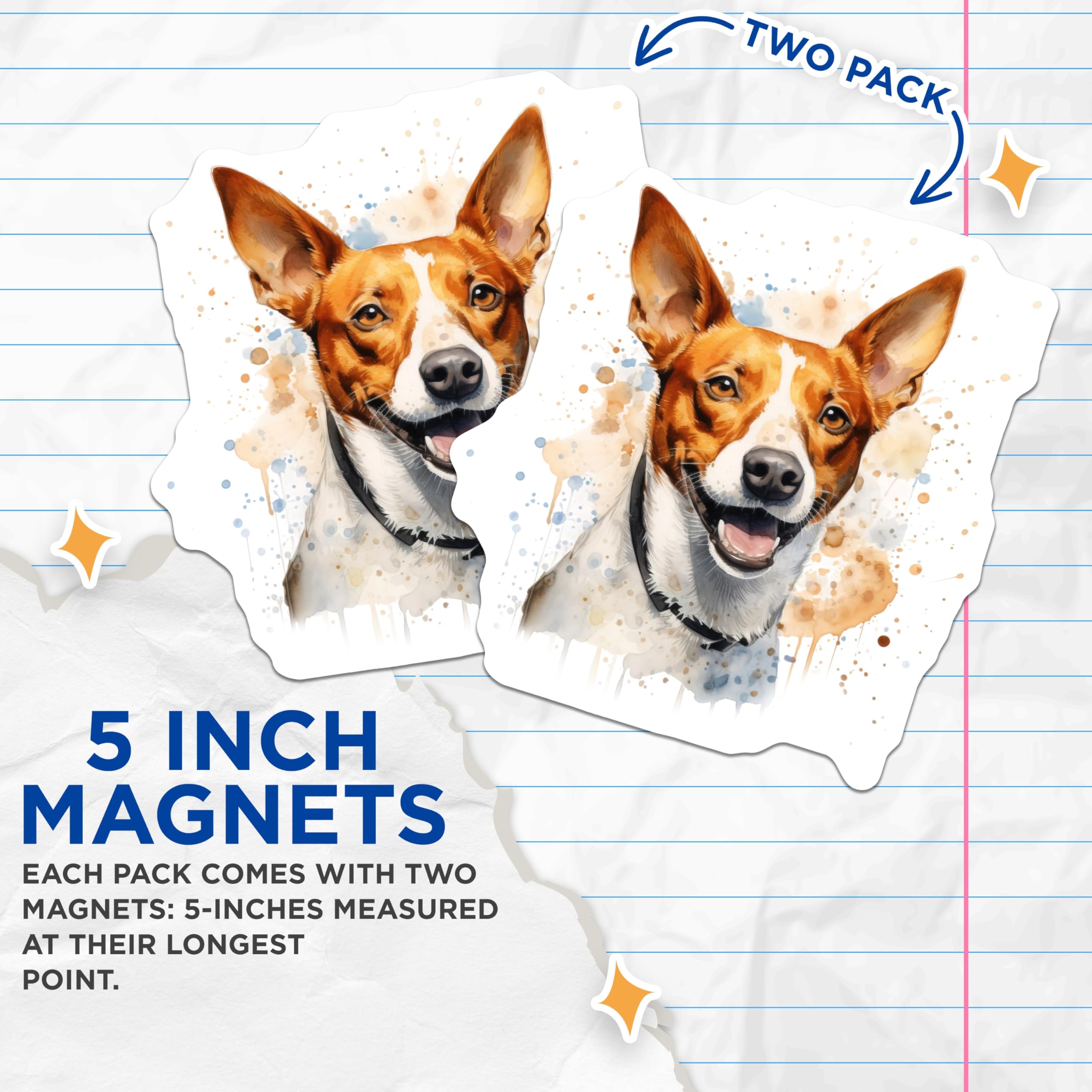 (2 Pack) Basenji Dog Magnets - Watercolor Pet Art - Animal Lover Decor - 5 Inches On Longest Side - Thick Durable Magnet - Made in USA - MAG24038