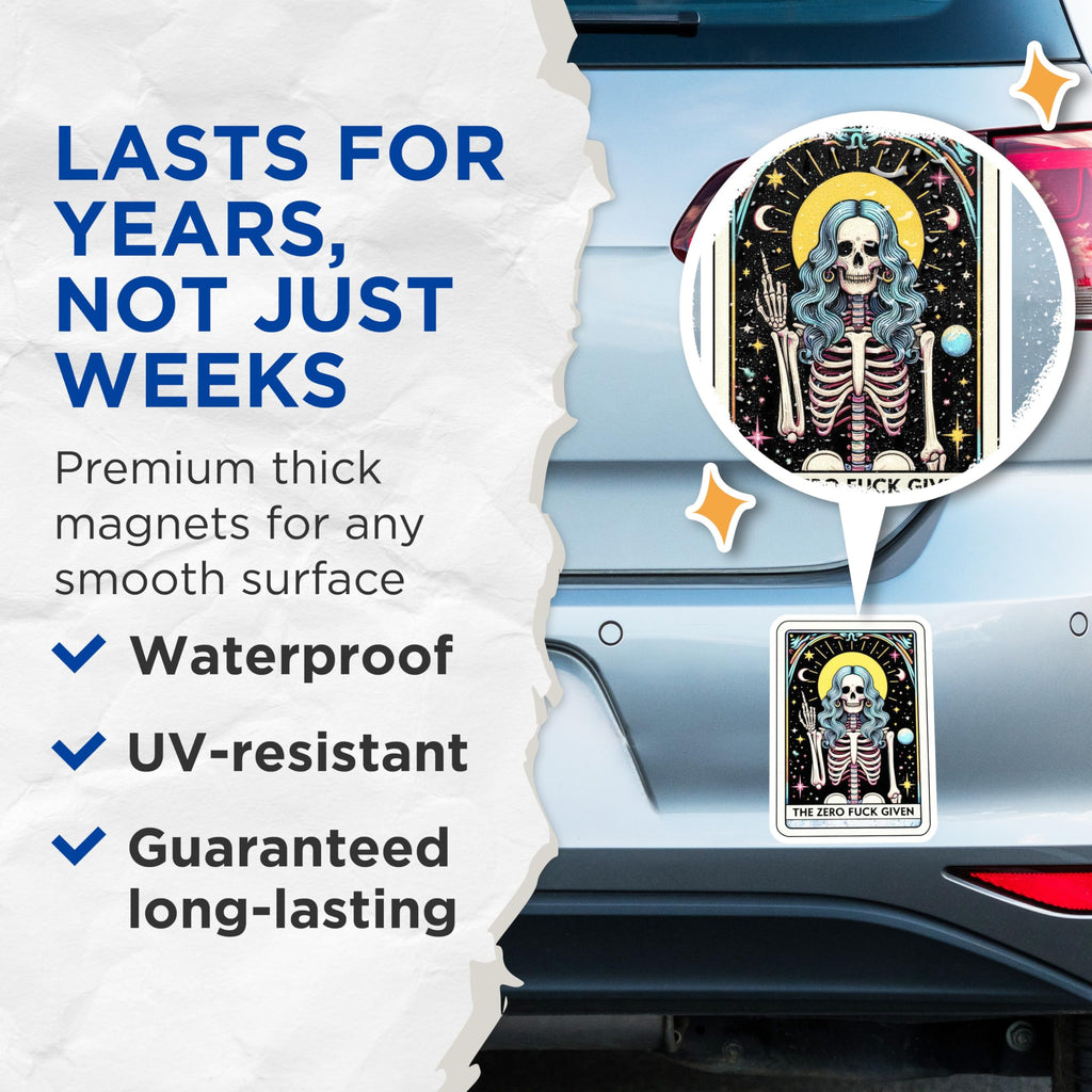 (2 Pack) Zero F Given Magnets - Sarcastic Skeleton Art - Tarot Card Inspired Humor - 5 Inches On Longest Side - Thick Durable Magnet - Made in USA - MAG25867