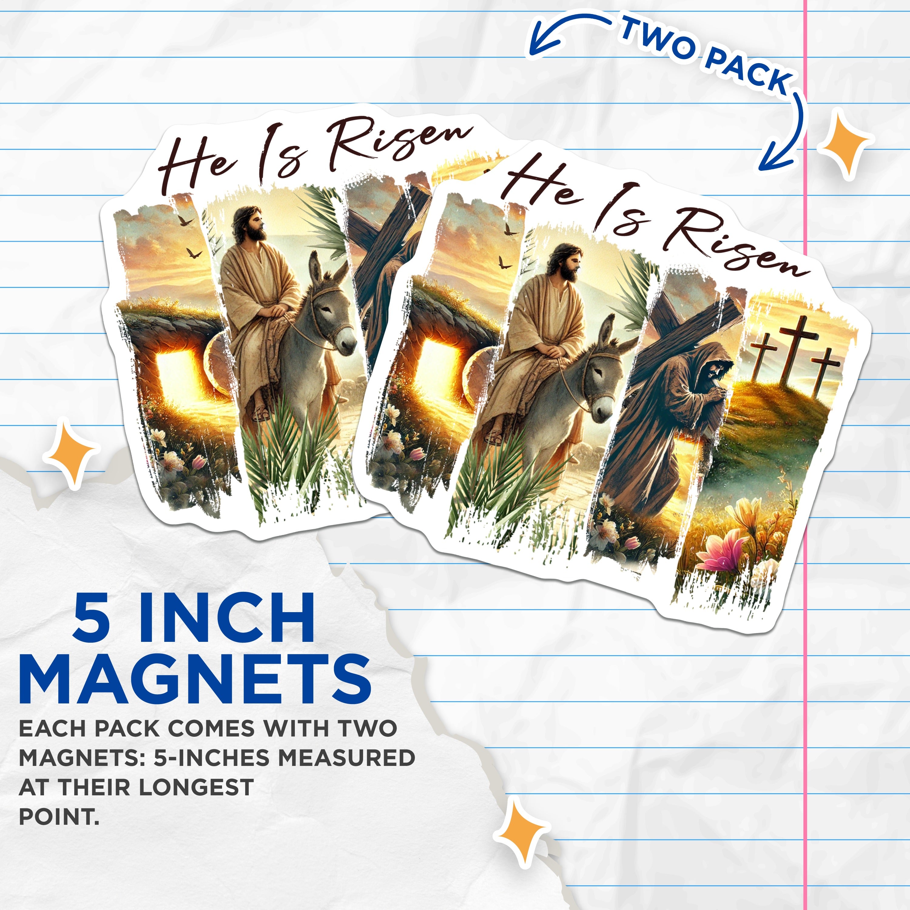 (2 Pack) He is Risen Magnets - Christian Faith Decor - Resurrection Easter Art - 5 Inches On Longest Side - Thick Durable Magnet - Made in USA - MAG36547