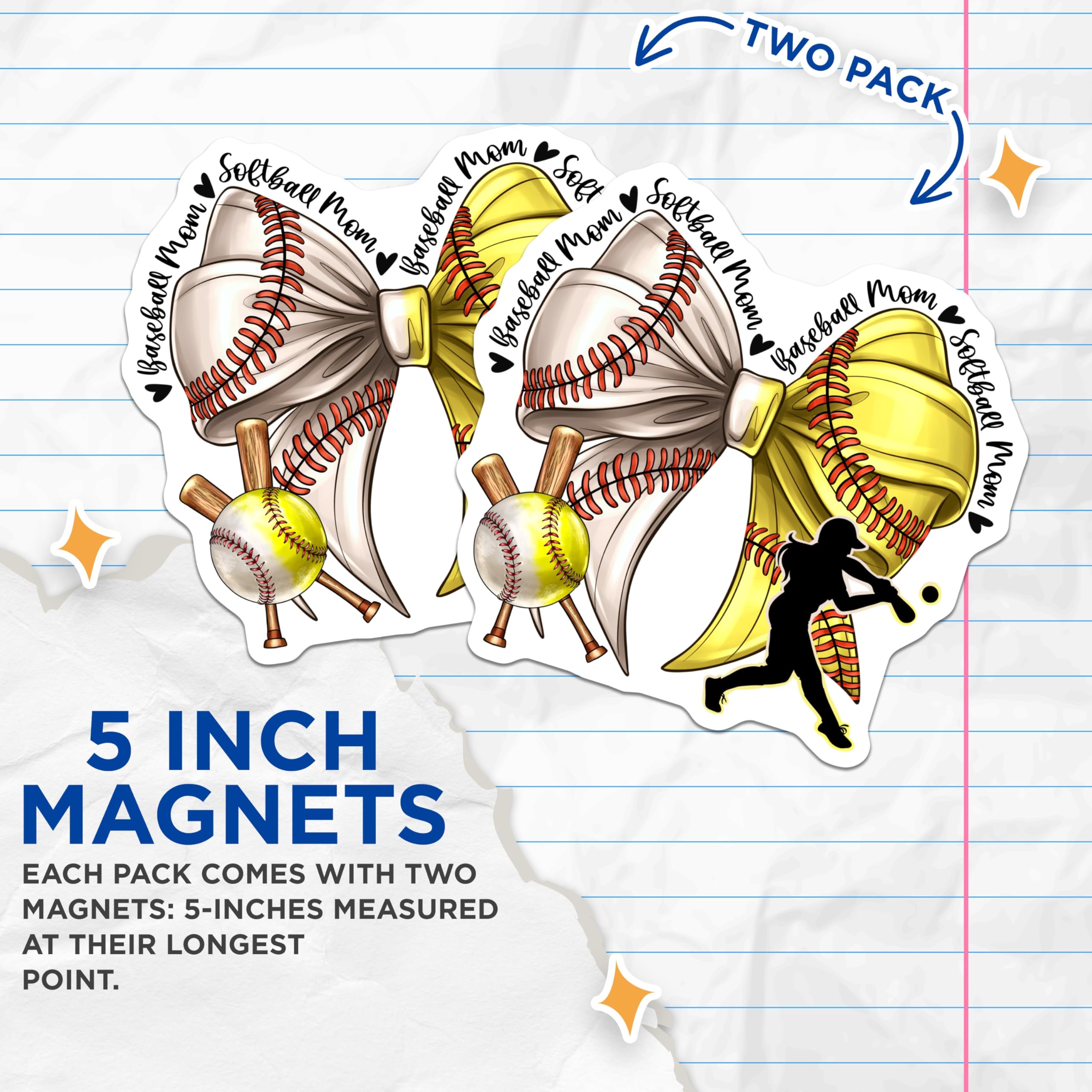 (2 Pack) Baseball Softball Mom Magnets - Sports Parent Fan Art - Game Day Vehicle Decor - 5 Inches On Longest Side - Thick Durable Magnet - Made in USA - MAG26960
