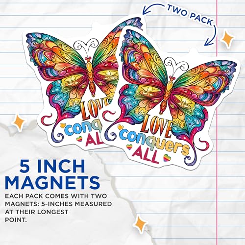 (2 Pack) Love Conquers All Magnets Magnets - Inspirational Butterfly - Rainbow Pride Art - 5" On Longest Side - Made in USA - Sticks to Refrigerators & Metal Surfaces - MAG9181