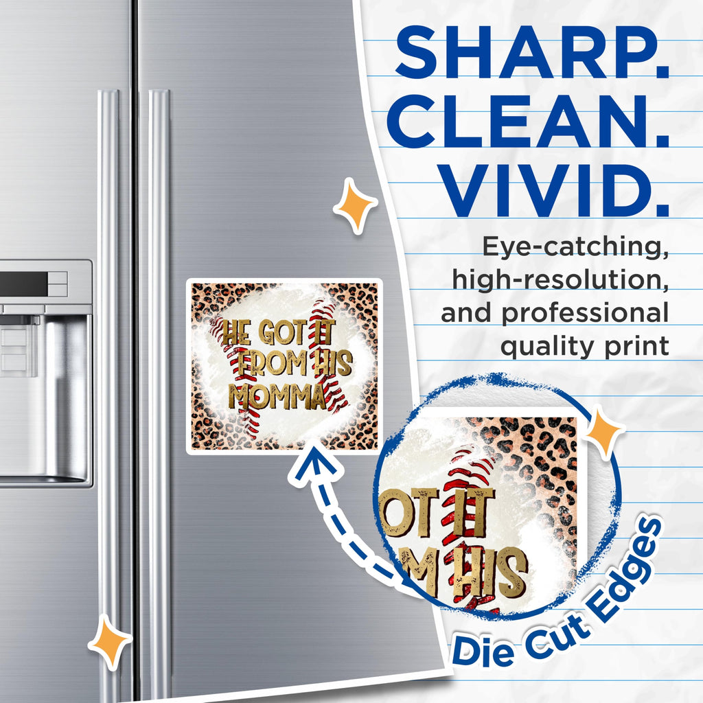 (2 Pack) He Got It from His Momma Magnets - Baseball Momma Leopard Print Decor - Game Day Sports Fan Accent - 5 Inches On Longest Side - Thick Durable Magnet - Made in USA - MAG29546