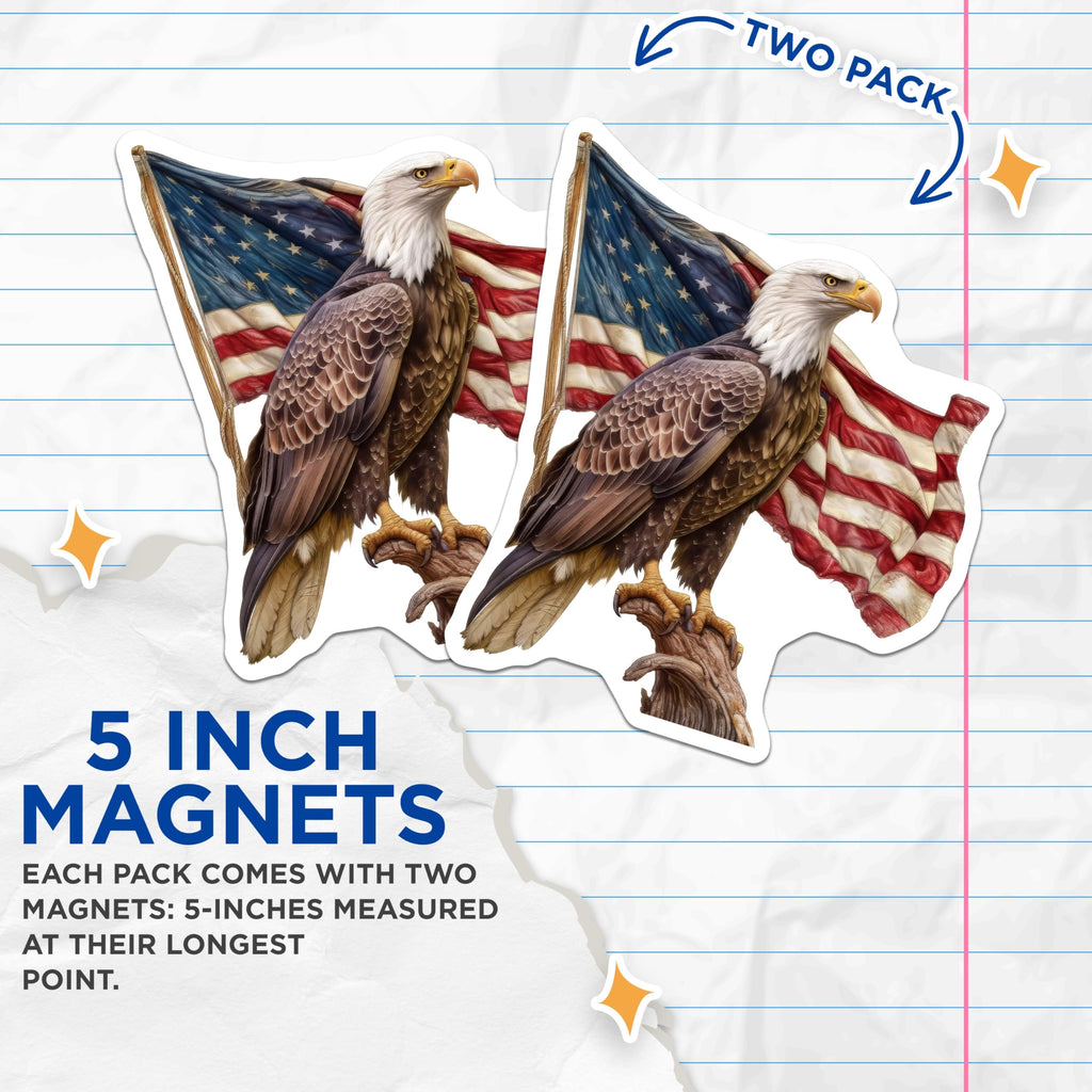(2 Pack) Bald Eagle American Flag Magnets - Patriotic USA Symbolism - Freedom Independence Day Decor for Home - 5 Inches On Longest Side - Thick Durable Magnet - Made in USA - MAG22301