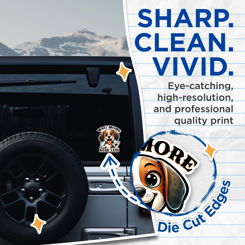 (2 Pack) Wag More Bark Less Stickers - Cute Dog Stickers - Motivational Pet Stickers - 5" On Longest Side - Sticks to Any Smooth Flat Surface - Made in USA - BMCS2822