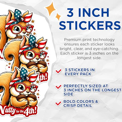 (3 Pack) Nutty 4th of July Decals - Patriotic Squirrel Decal - American Holiday Stickers - 3 Inches On Longest Side - Easy Peel & Apply - Made in USA - 3MCS1533