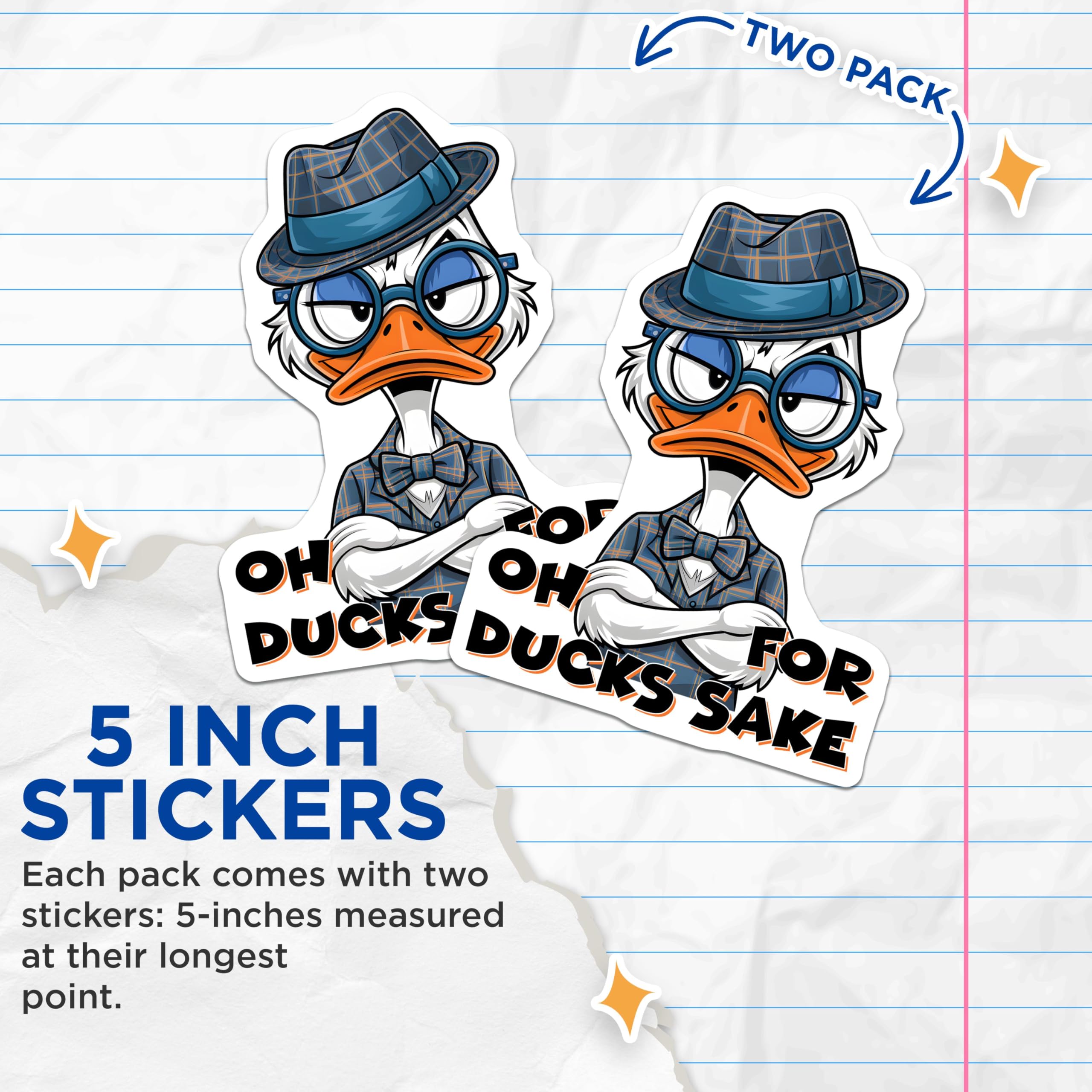 (2 Pack) Funny Duck Stickers - Comical Animal - Oh for Ducks Sake Humor Decals - 5" On Longest Side - Sticks to Smooth Flat Surfaces - Made in USA - BMCS9715