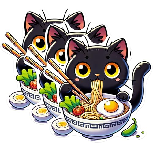 (3 Pack) Cat Ramen Decals - Anime Stickers - Laptop Decals - 3 Inches On Longest Side - Easy Peel & Apply - Made in USA - 3MCS0976