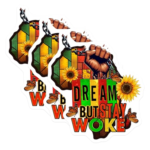 (3 Pack) Dream But Stay Woke Decals - Pan African - Sunflower Butterfly Design - Laptop Decal - 3 Inches On Longest Side - Easy Peel & Apply - Made in USA - 3MCS6614