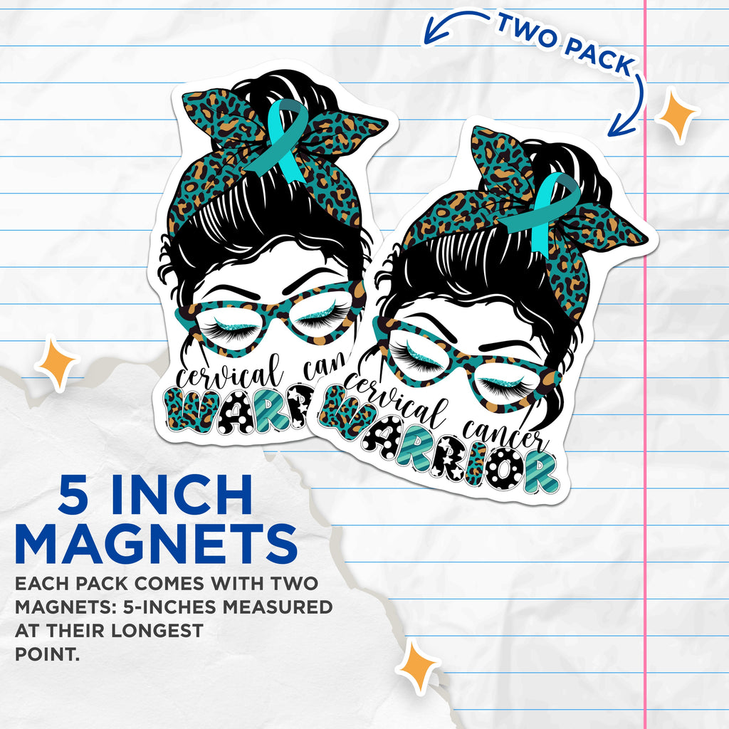 (2 Pack) Cervical Cancer Warrior Magnets - Teal Ribbon Awareness - Messy Bun Survivor Support - 5 Inches On Longest Side - Thick Durable Magnet - Made in USA - MAG38226