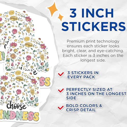 (3 Pack) Kindness Decals - Floral Laptop Decal - Choose Kindness Stickers - 3 Inches On Longest Side - Easy Peel & Apply - Made in USA - 3MCS7400