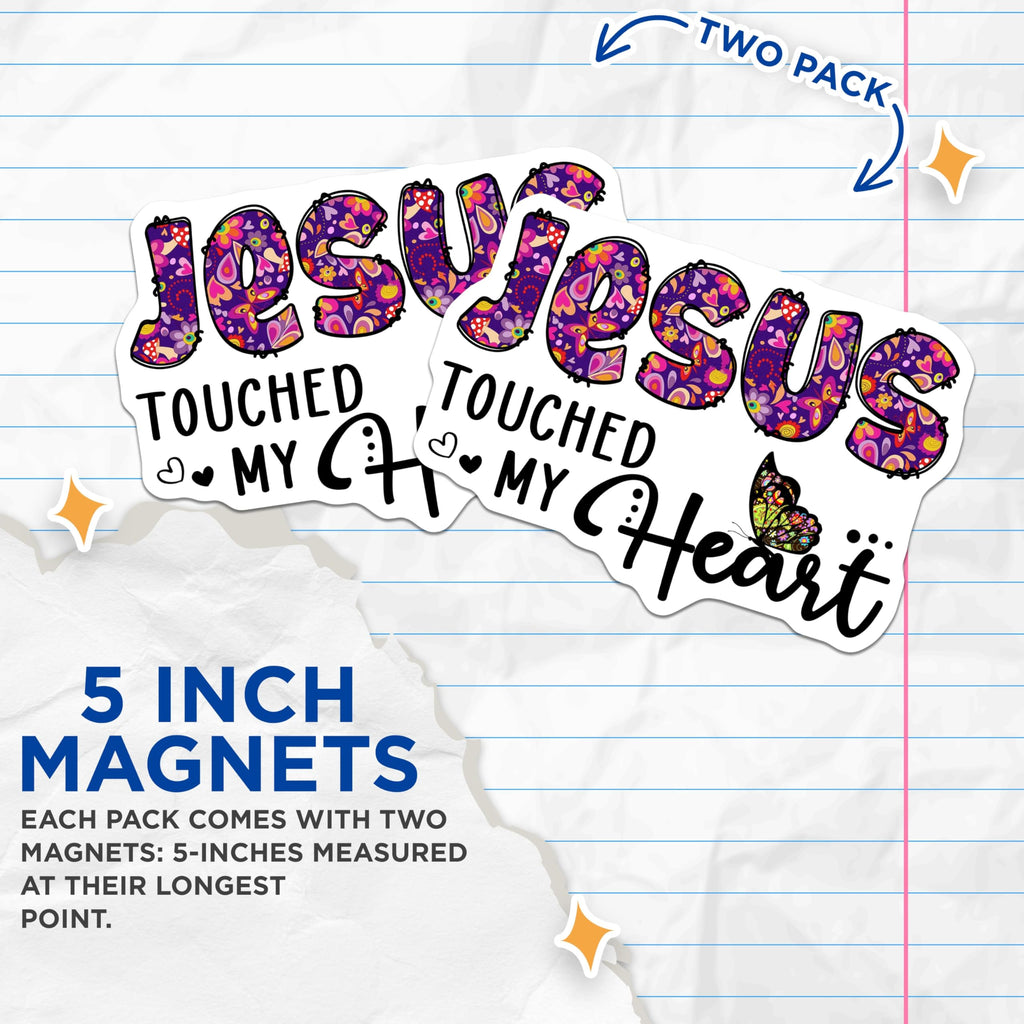 (2 Pack) Jesus Touched My Heart Magnets - Christian Faith Butterfly Art - Inspirational Religious Decor - 5 Inches On Longest Side - Thick Durable Magnet - Made in USA - MAG24853
