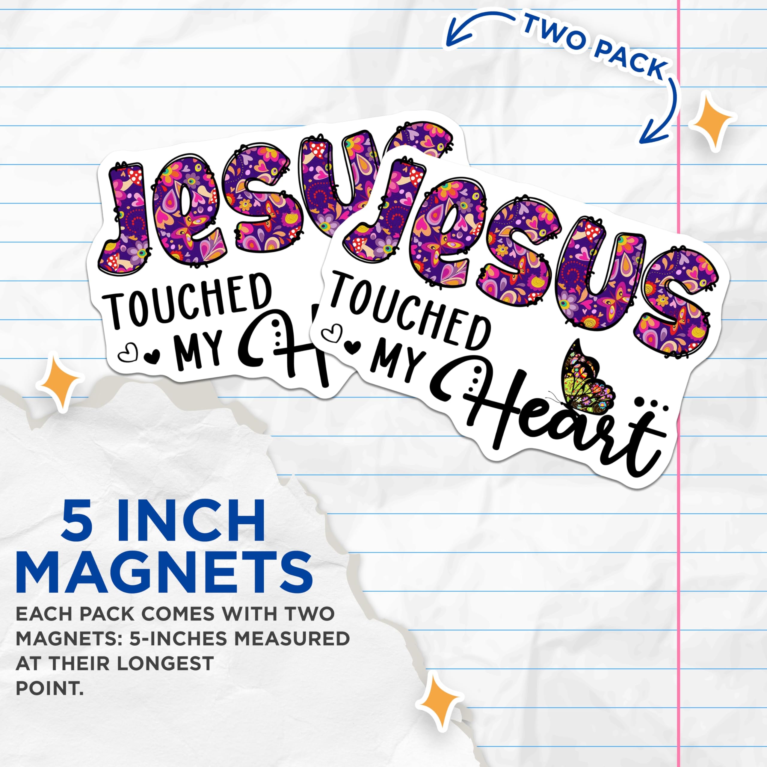 (2 Pack) Jesus Touched My Heart Magnets - Christian Faith Butterfly Art - Inspirational Religious Decor - 5 Inches On Longest Side - Thick Durable Magnet - Made in USA - MAG24853