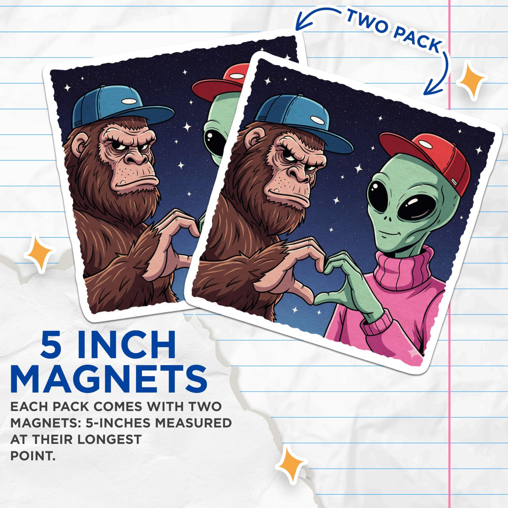 (2 Pack) Bigfoot Alien Magnets - Heart Hands - Funny Fridge Magnets - 5" On Longest Side - Premium Magnet - for Cars, Refrigerators, Toolboxes, Lockers - Made in USA - MAG15610