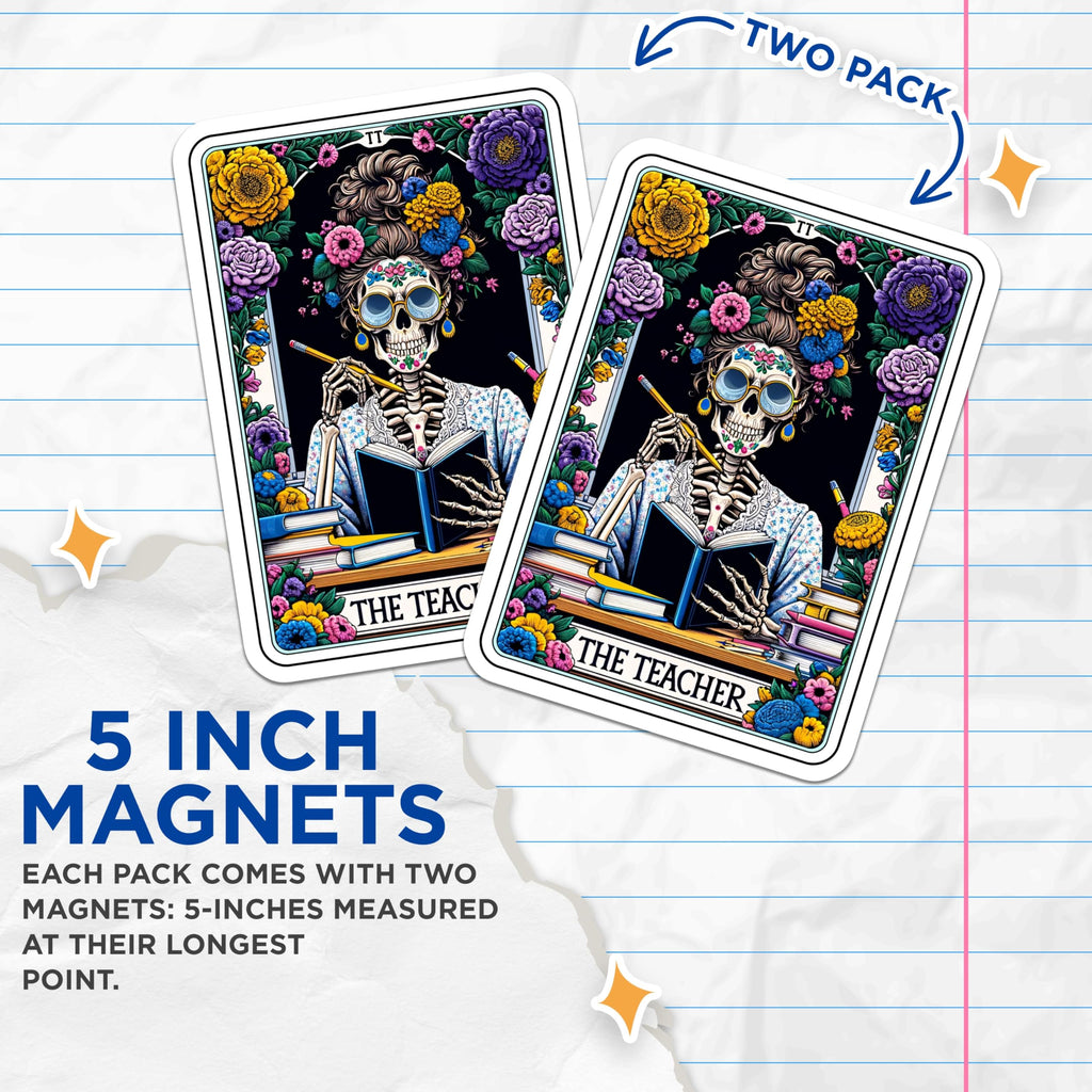 (2 Pack) Teacher Skeleton Magnets - Day of the Dead Educator Decor - Floral Tarot Card Art for Classroom Office - 5 Inches On Longest Side - Thick Durable Magnet - Made in USA - MAG24007