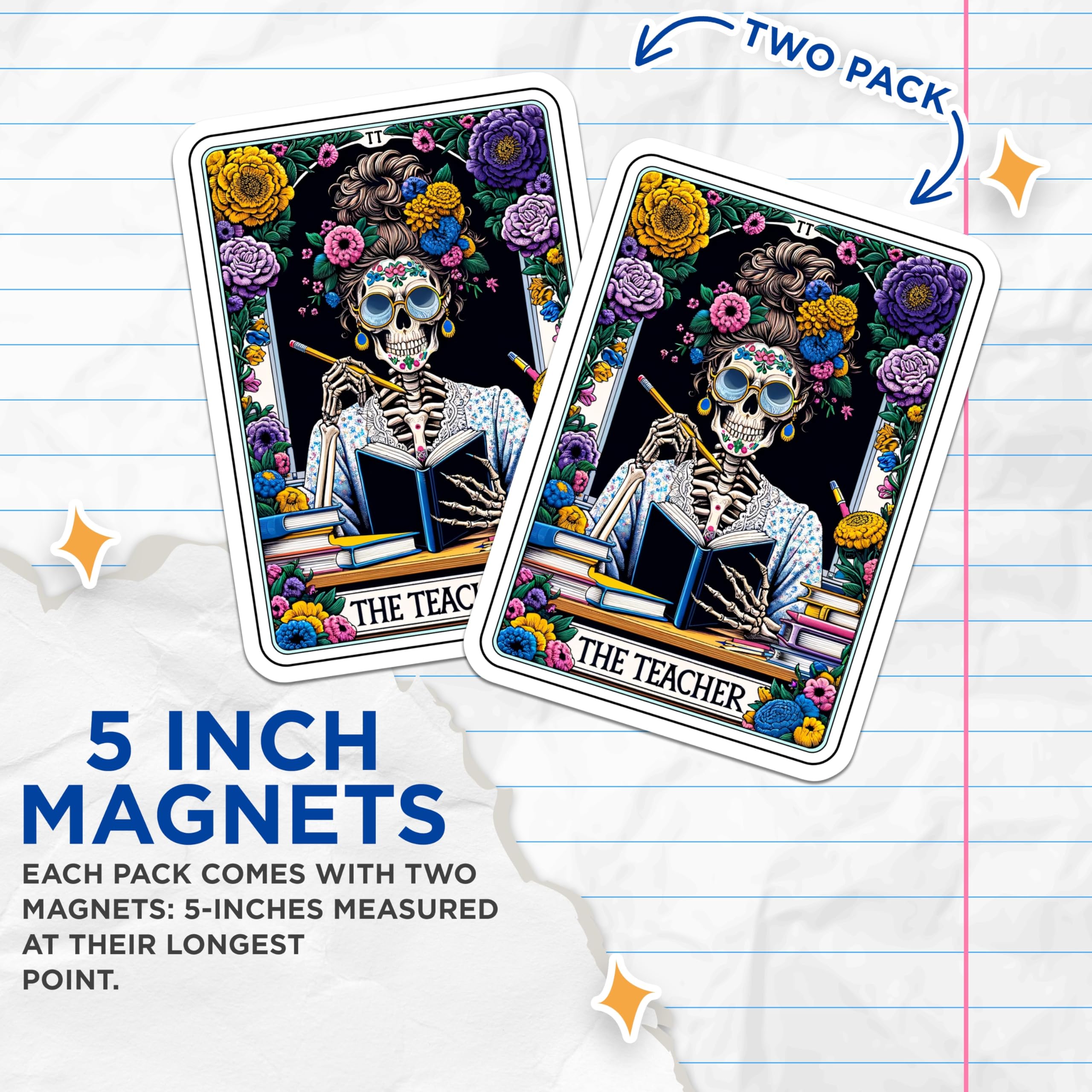 (2 Pack) Teacher Skeleton Magnets - Day of the Dead Educator Decor - Floral Tarot Card Art for Classroom Office - 5 Inches On Longest Side - Thick Durable Magnet - Made in USA - MAG24007