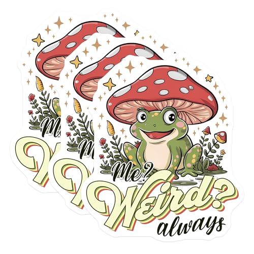 (3 Pack) Frog Decals - Mushroom Hat - Me Weird Always - Laptop Decals - 3 Inches On Longest Side - Easy Peel & Apply - Made in USA - 3MCS2542
