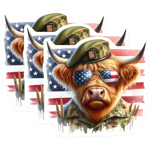 (3 Pack) Patriotic Highland Cow Decals - Military Cow - American Flag Sunglassess- 3 Inches On Longest Side - Easy Peel & Apply - Made in USA - 3MCS5121