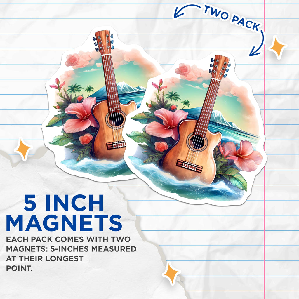 (2 Pack) Hawaiian Guitar Magnets - Tropical Island Ocean Scene - Beach Music Lover Home Decor - 5 Inches On Longest Side - Thick Durable Magnet - Made in USA - MAG21909