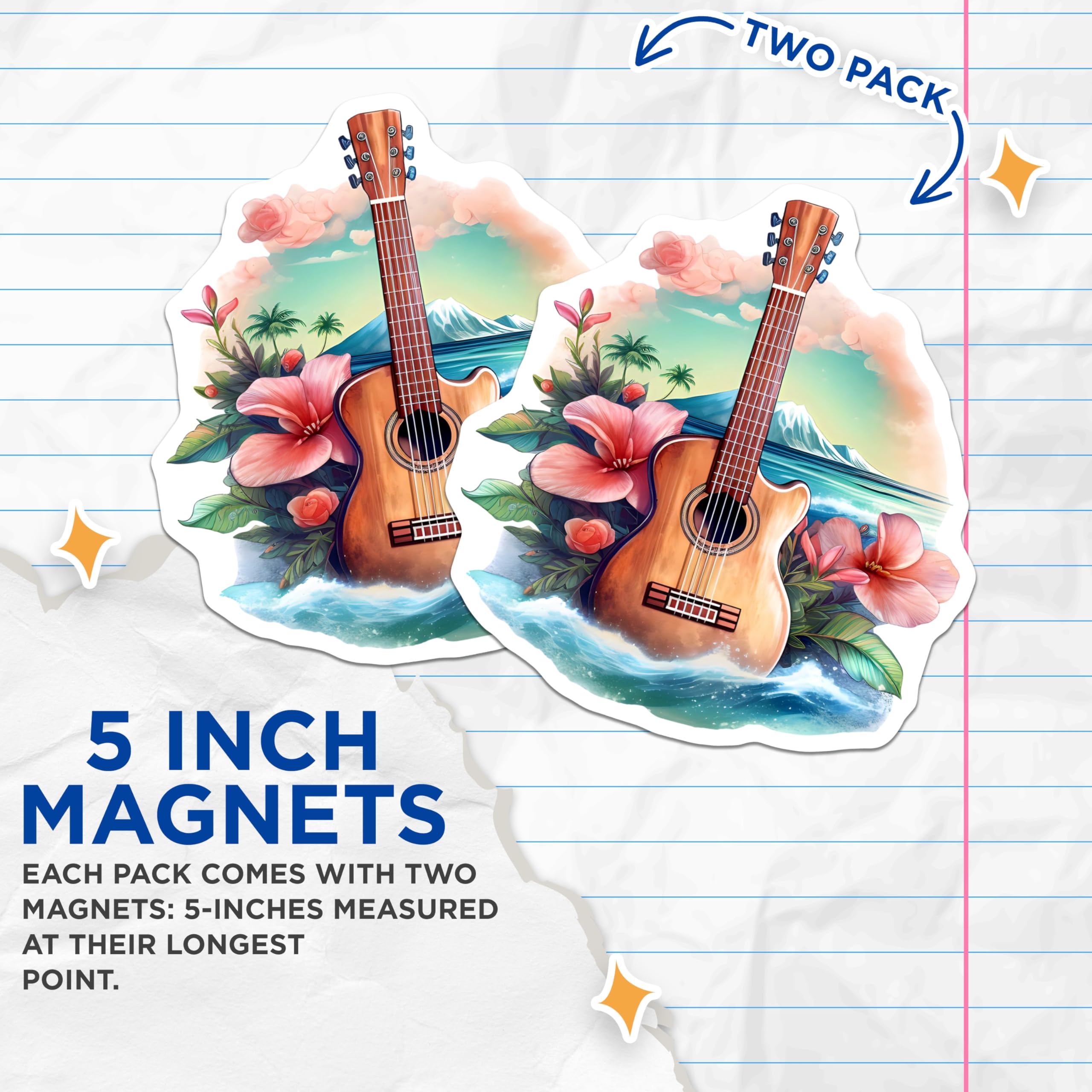 (2 Pack) Hawaiian Guitar Magnets - Tropical Island Ocean Scene - Beach Music Lover Home Decor - 5 Inches On Longest Side - Thick Durable Magnet - Made in USA - MAG21909