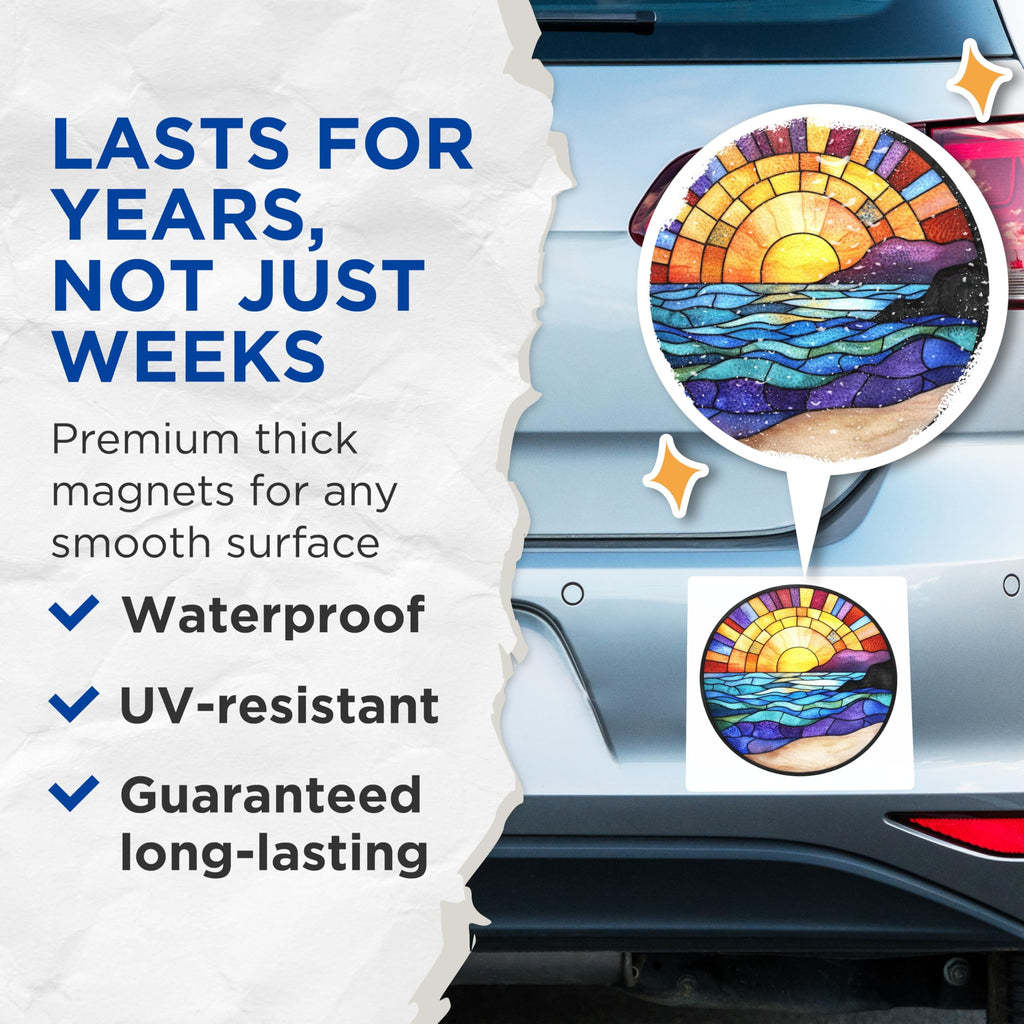 (2 Pack) Stained Glass Sunset Magnets - Ocean Horizon Art - Beach Decor Aesthetic - 5 Inches On Longest Side - Thick Durable Magnet - Made in USA - MAG27357