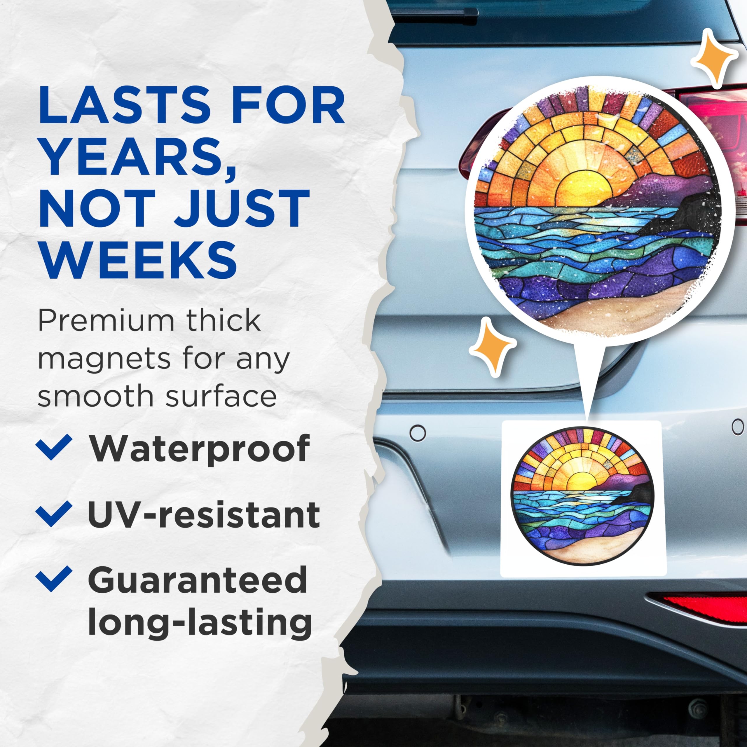 (2 Pack) Stained Glass Sunset Magnets - Ocean Horizon Art - Beach Decor Aesthetic - 5 Inches On Longest Side - Thick Durable Magnet - Made in USA - MAG27357