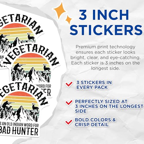 (3 Pack) Bad Hunter Decals - Vegetarian Hunter - Funny Hunting Decal - 3 Inches On Longest Side - Easy Peel & Apply - Made in USA - 3MCS4307