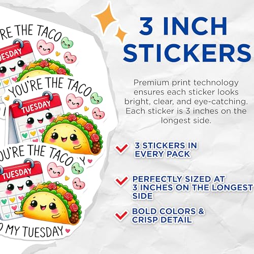 (3 Pack) Taco Tuesday Decals - Cute Foodie Sticker - Funny Calendar Stickers - 3 Inches On Longest Side - Easy Peel & Apply - Made in USA - 3MCS2358