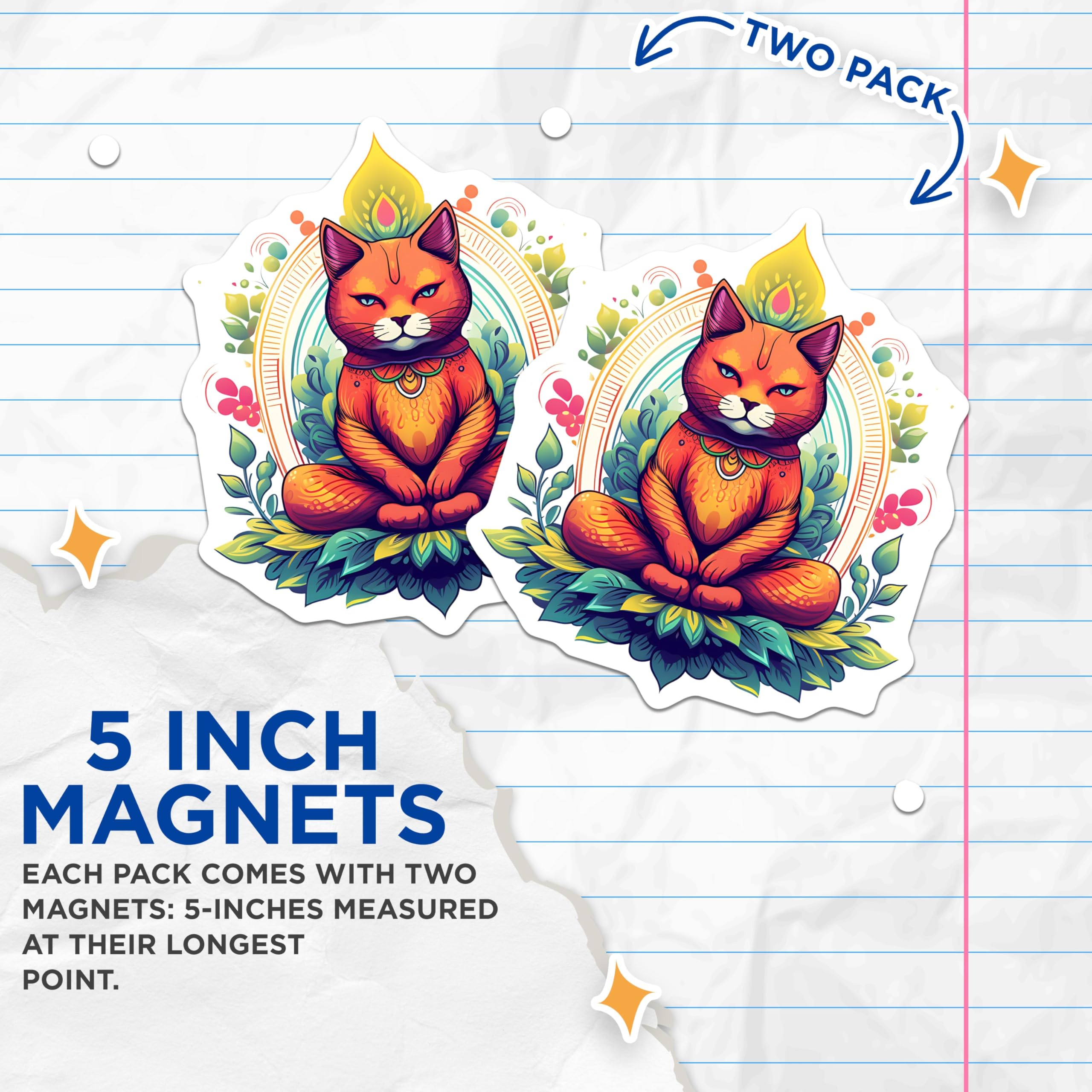 (2 Pack) Meditating Cat Magnets - Zen Feline Art - Spiritual Pet Decor - Colorful Mandala Design - 5 Inches On Longest Side - Thick Durable Magnet - Made in USA - MAG22975