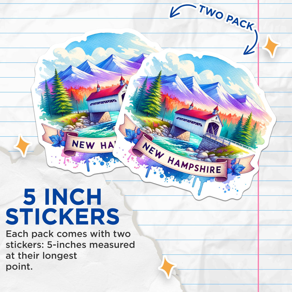 (2 Pack) New Hampshire Scenic Stickers - Covered Bridge Stickers - Mountain Landscape Art - Colorful Travel Decals - 5" On Longest Side - Sticks to Smooth Flat Surfaces - Made in USA - BMCS6708