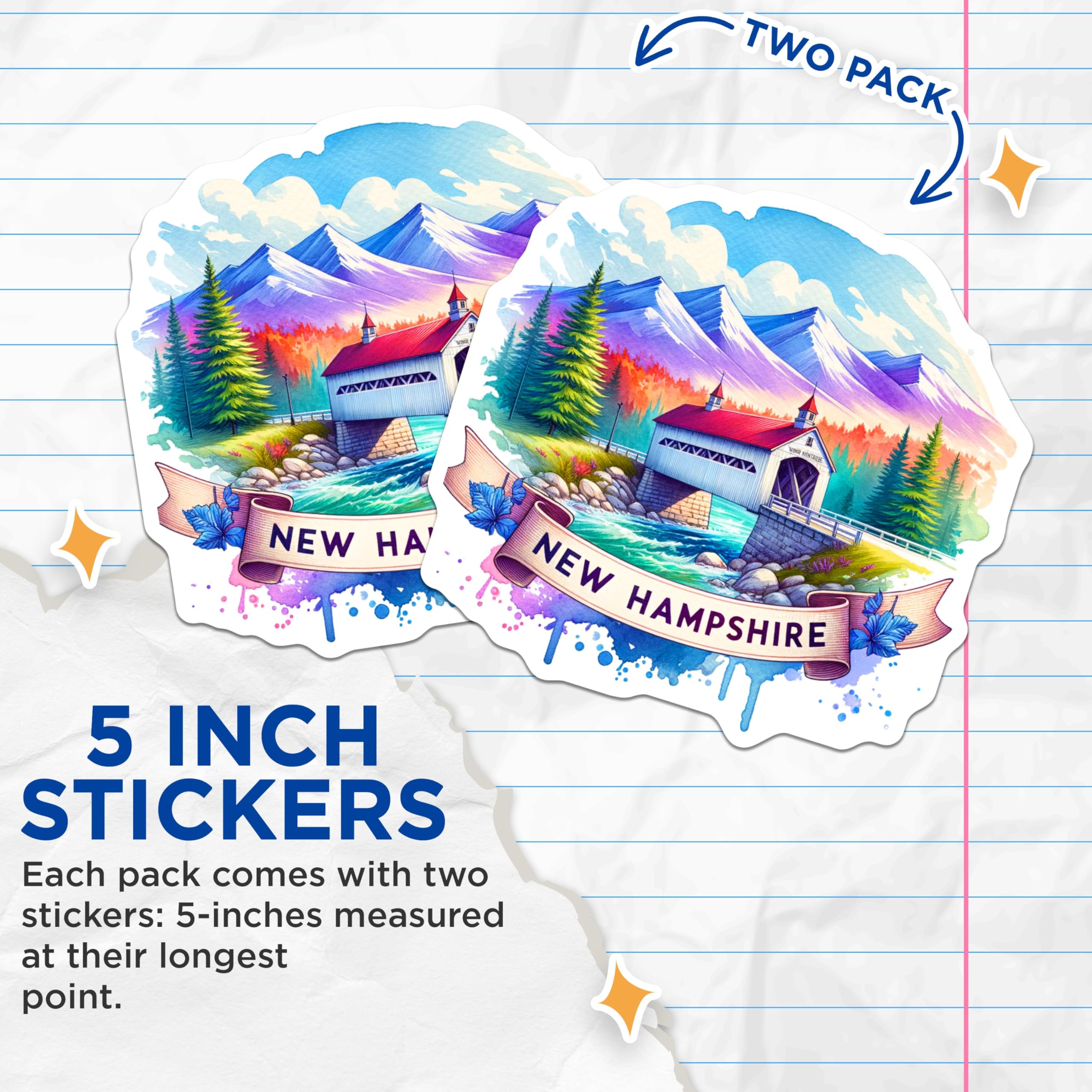 (2 Pack) New Hampshire Scenic Stickers - Covered Bridge Stickers - Mountain Landscape Art - Colorful Travel Decals - 5" On Longest Side - Sticks to Smooth Flat Surfaces - Made in USA - BMCS6708
