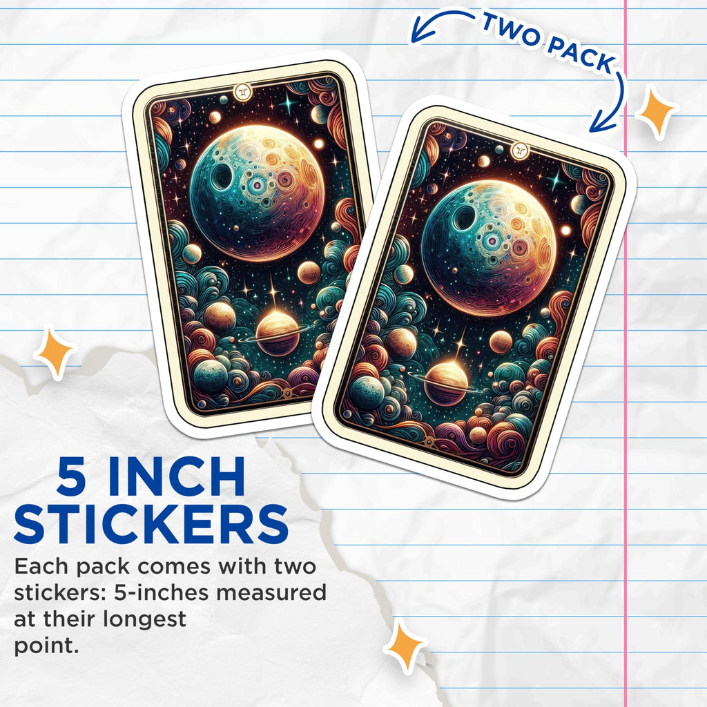 (2 Pack) Cosmic Planets Stickers - Gemini Zodiac Art - Psychedelic Galaxy Decor - 5" On Longest Side - Sticks to Smooth Flat Surfaces - Made in USA - BMCS21915