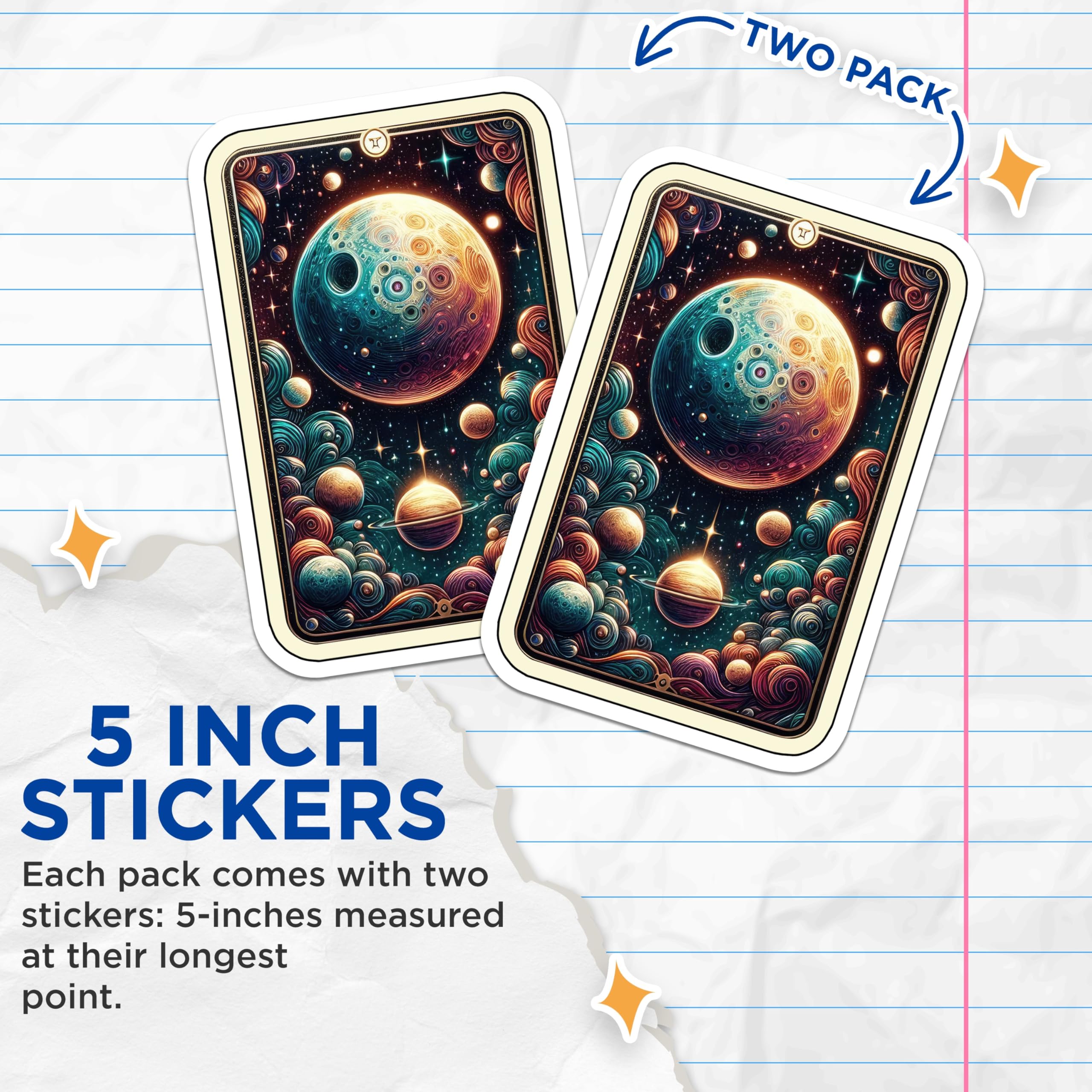 (2 Pack) Cosmic Planets Stickers - Gemini Zodiac Art - Psychedelic Galaxy Decor - 5" On Longest Side - Sticks to Smooth Flat Surfaces - Made in USA - BMCS21915