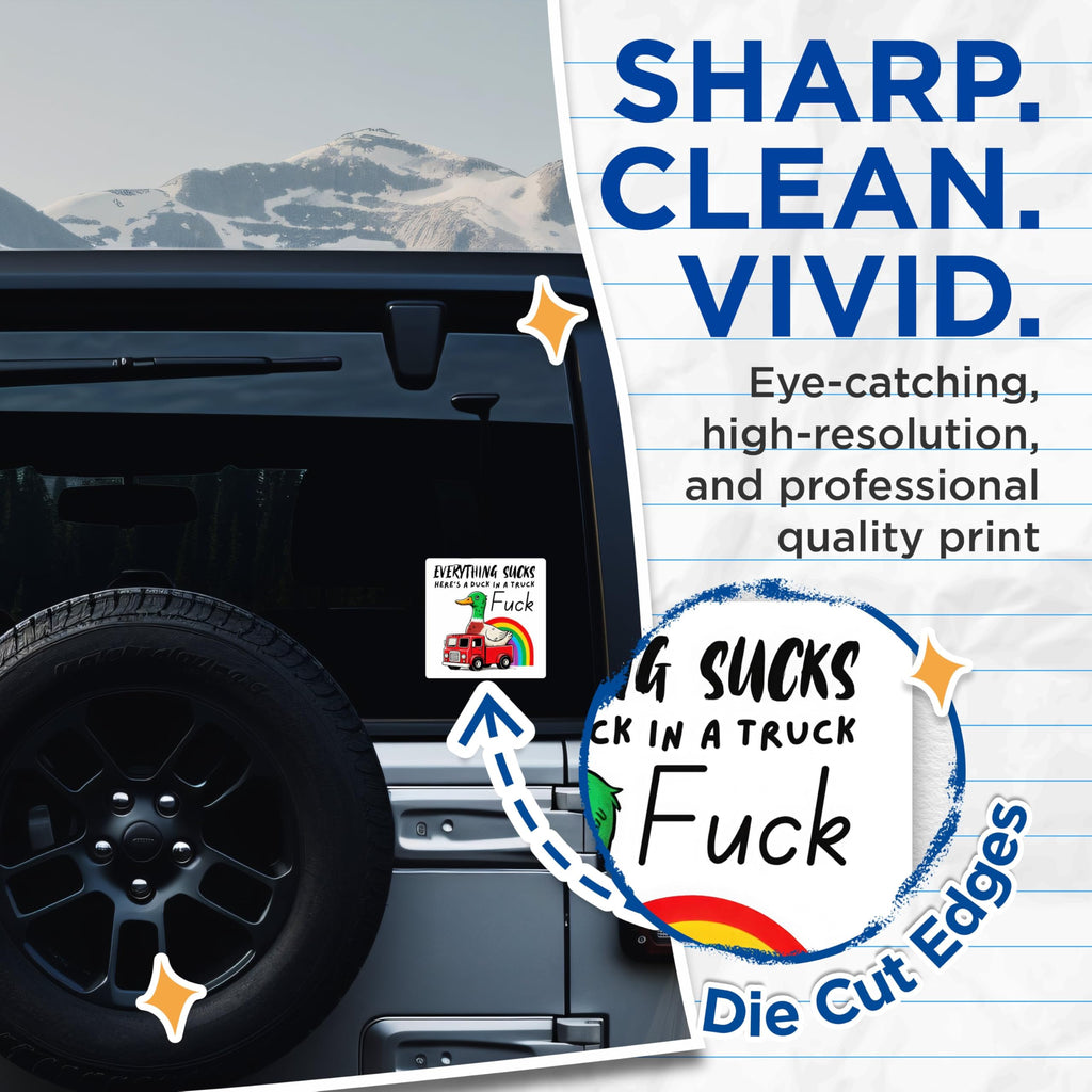 (2 Pack) Everything Sucks Stickers - Funny Duck in a Truck - Rainbow Illustration Sticker - 5" On Longest Side - Sticks to Smooth Flat Surfaces - Made in USA - BMCS5623