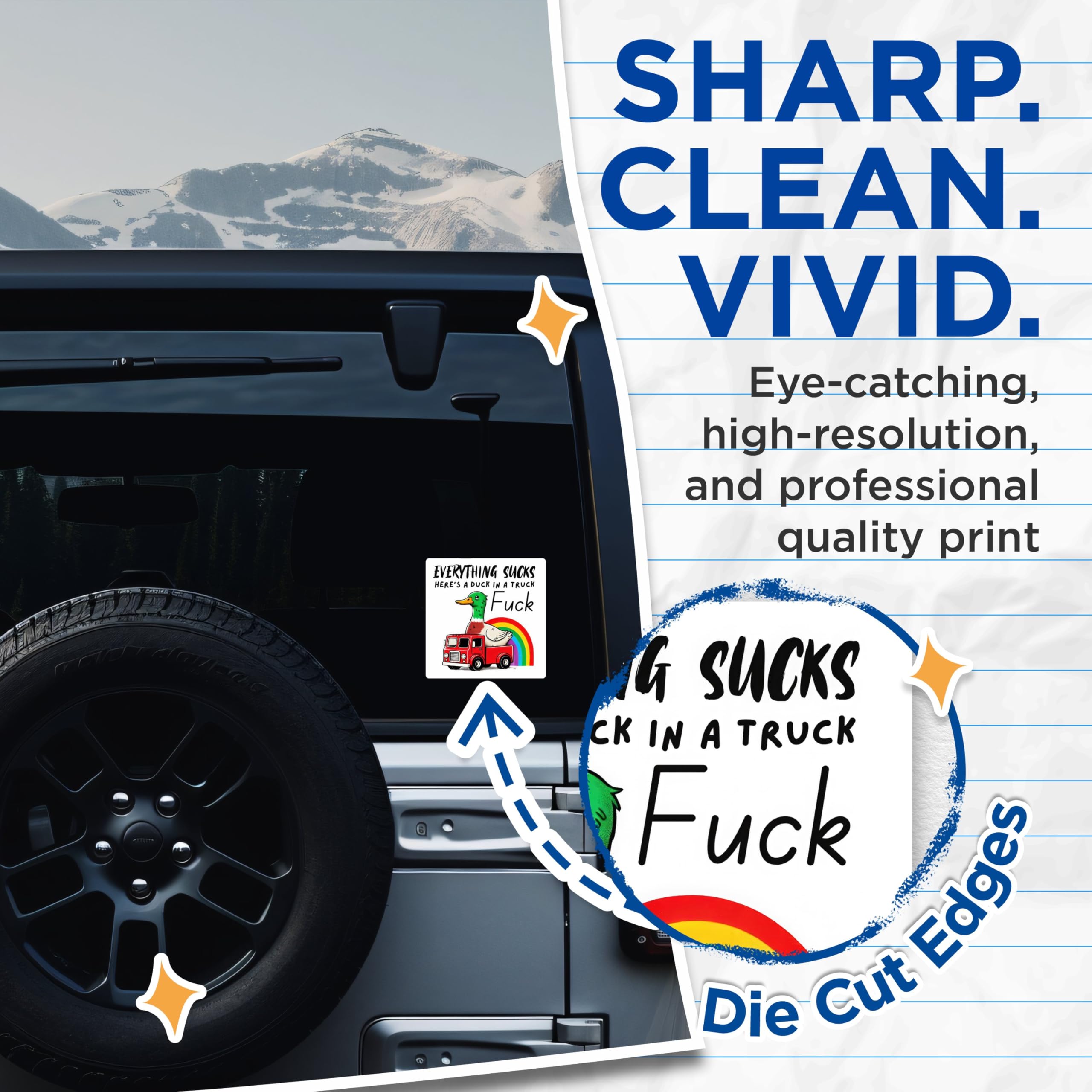 (2 Pack) Everything Sucks Stickers - Funny Duck in a Truck - Rainbow Illustration Sticker - 5" On Longest Side - Sticks to Smooth Flat Surfaces - Made in USA - BMCS5623