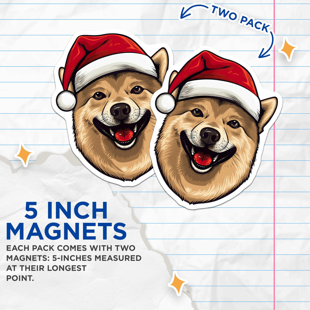 (2 Pack) Santa Dog Christmas Magnets - Happy Shiba Inu Holiday Decor - Festive Pet Lover Kitchen Refrigerator Magnet - 5 Inches On Longest Side - Thick Durable Magnet - Made in USA - MAG25699