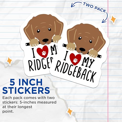 (2 Pack) I Love My Ridgeback Stickers - Dog Breed Stickers - Cute Puppy Stickers - 5" On Longest Side - Sticks to Smooth Flat Surfaces - Made in USA - BMCS4295